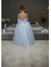 Blue Beaded 3D Flowers Tulle Flower Girl Dress With Glitter Train